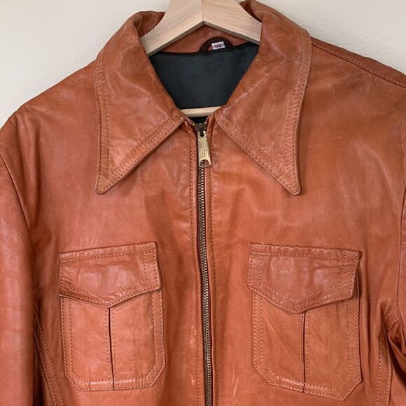 Vintage 1970s Camel Brown Leather Jacket Pointed Collar Men’s size 44 - Picture 4 of 13